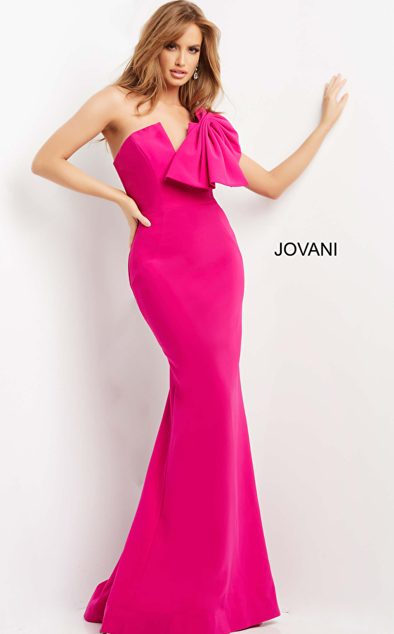 Jovani 07306 Fuchsia One Shoulder Form Fitting Evening Dress